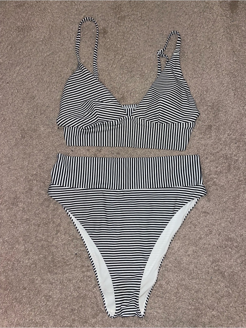 aerie Black and White Striped High-Waist Bikini Set